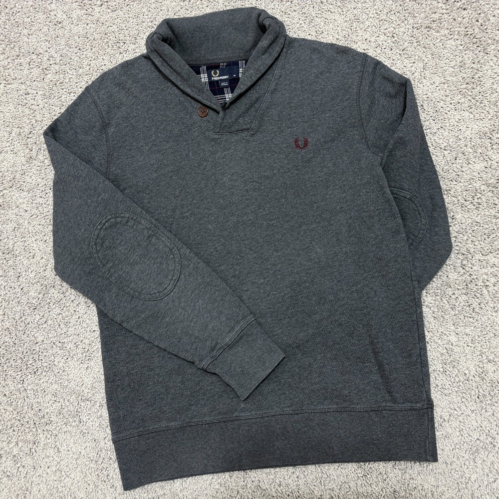 Fred Perry Pullover Sweatshirt Shawl Collar Elbow Patches Portugal Mens Medium